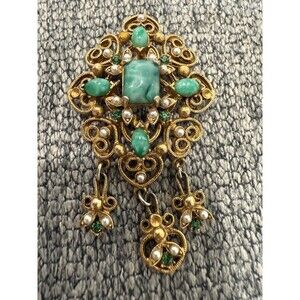 Vtg Florenza Faux Turquoise and Pearl Dangle Filigree Brooch